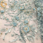 Tessuto blu del pizzo del fiore 3D del poliestere di 20% per il vestito da sera